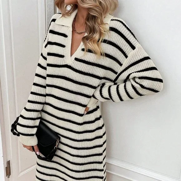 Multicolor Casual Womens Striped Pattern Drop Shoulder Split Thigh Sweater Dress - Picture 3 of 5